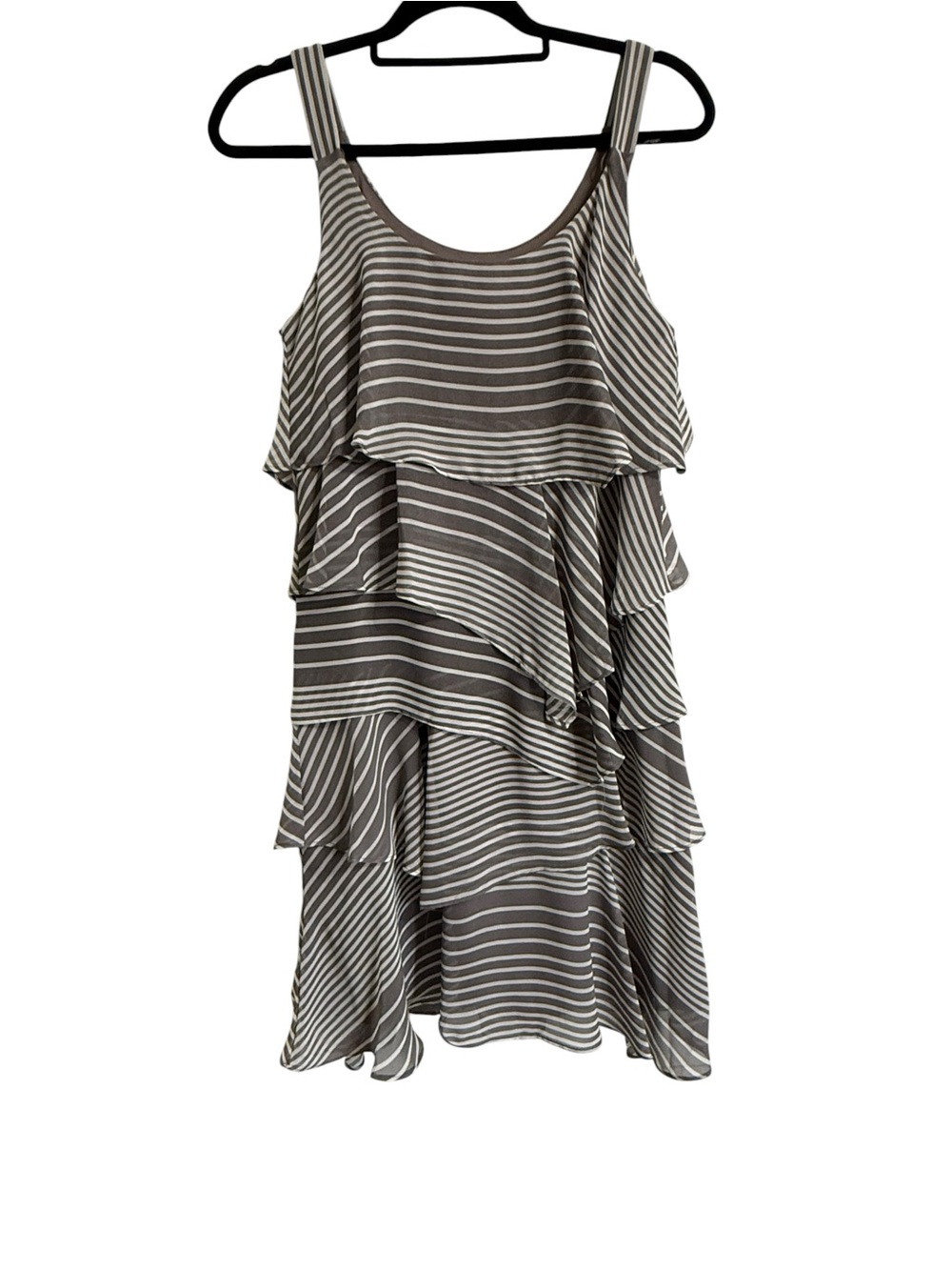 Signature by Robbie Bee Gray & White Striped Ruffle Tiered Mini Dress